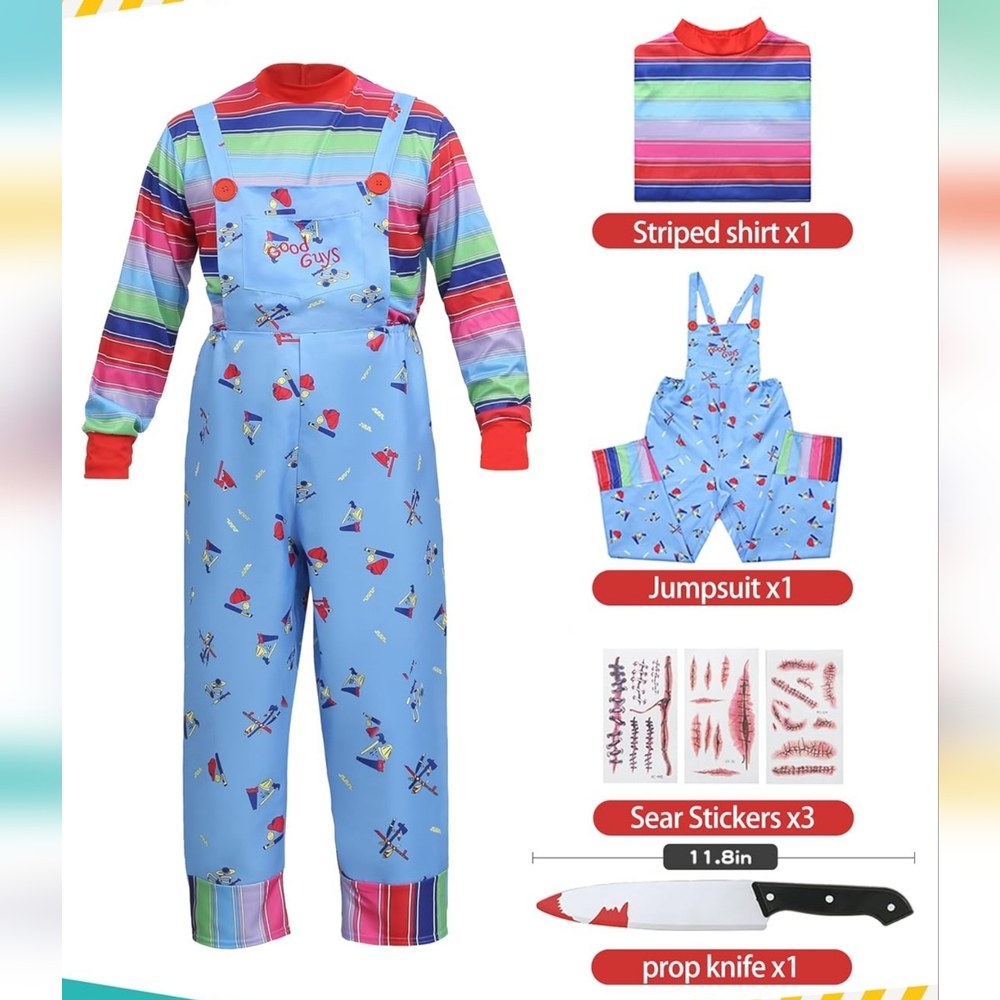 Good Guys "Chucky" Doll Costume Jumpsuit W/ Tattoo Scars,Knife Prop Kids Size M